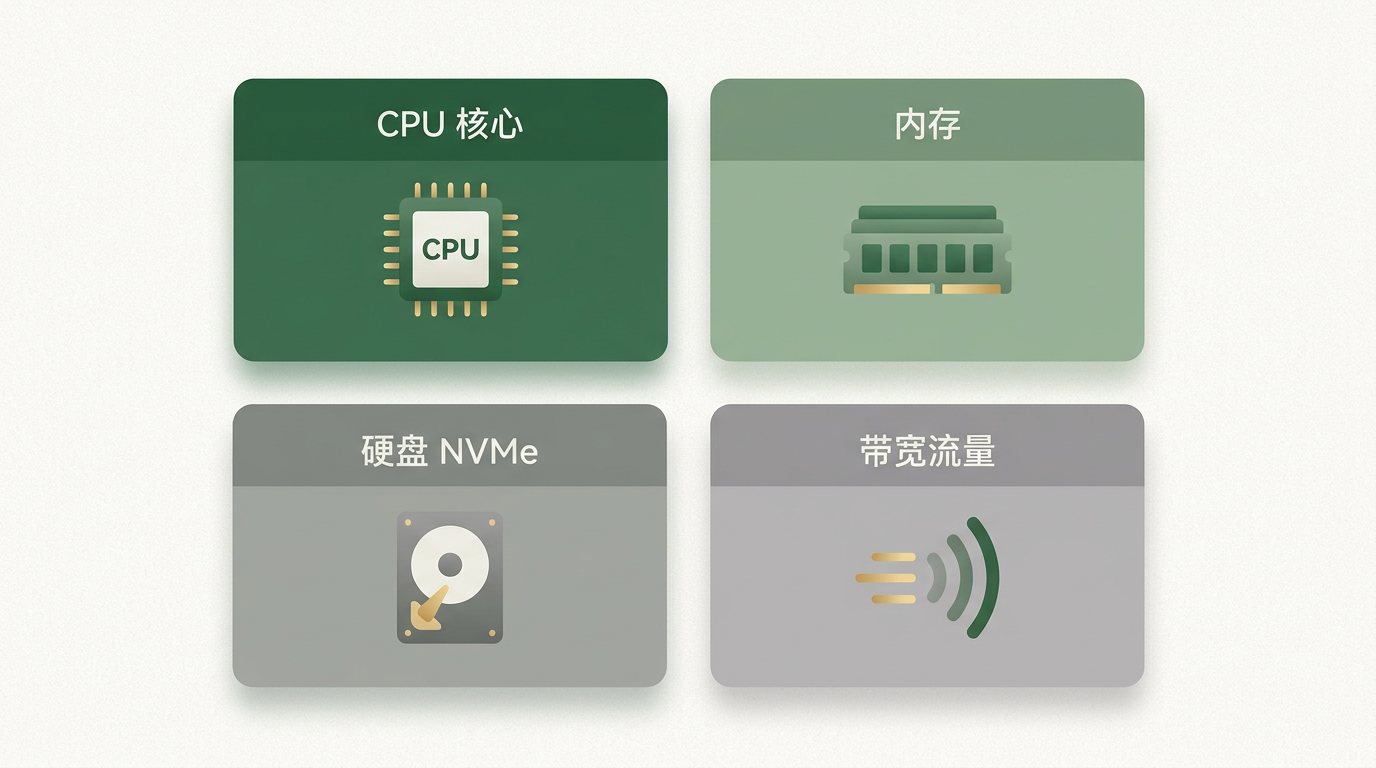 四大核心参数:CPU、内存、硬盘、带宽